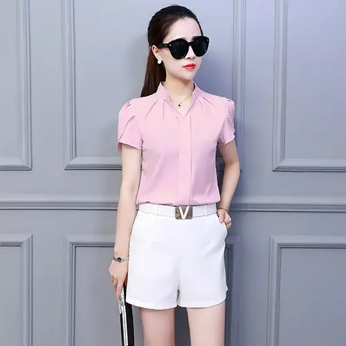 Women Ruffle Sleeve Chiffon Shirt Red White Shorts - Image 2