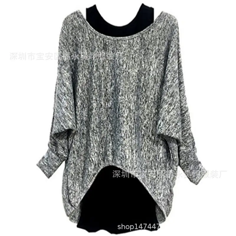 Women Grey Marbled T-Shirt with Bat Sleeve Two-Piece Set - Image 2