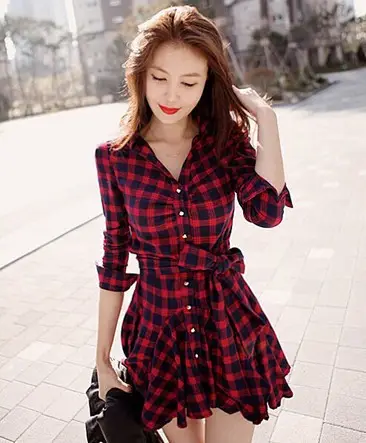 Women Plaid Belted Dress Red Black Long Sleeve - Image 2