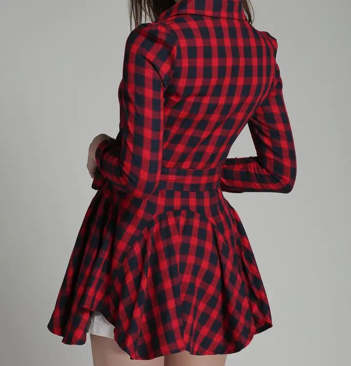 Women Plaid Belted Dress Red Black Long Sleeve - Image 3