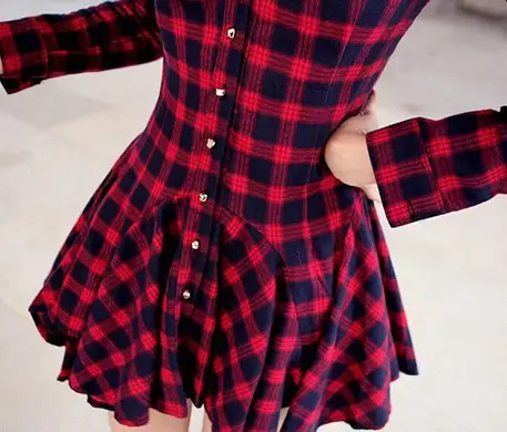 Women Plaid Belted Dress Red Black Long Sleeve - Image 4