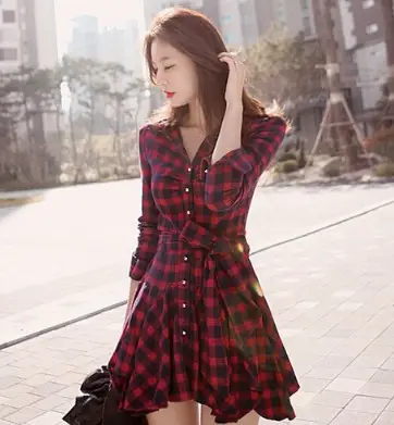Women Plaid Belted Dress Red Black Long Sleeve - Image 5