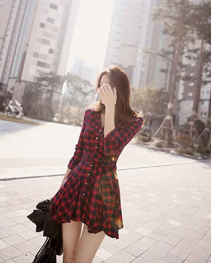 Women Plaid Belted Dress Red Black Long Sleeve — feature 7