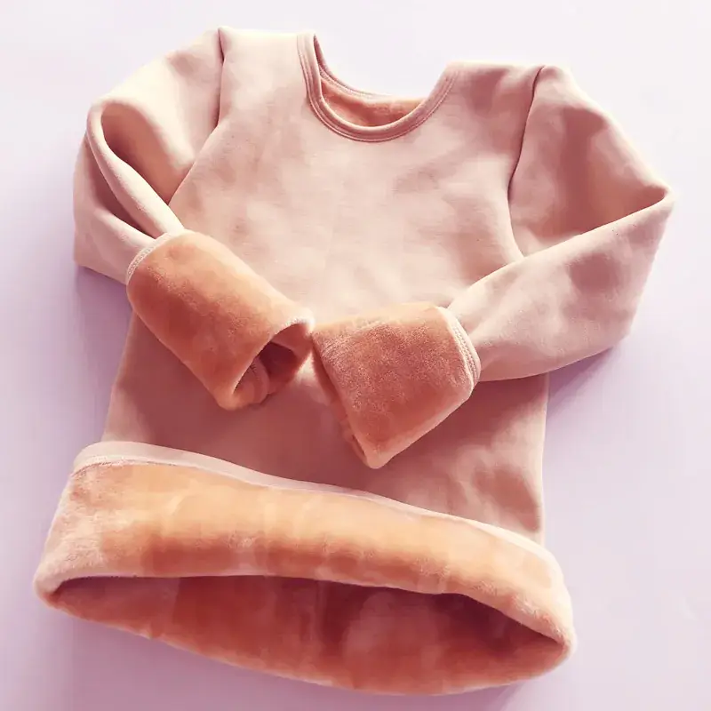 Winter Kids Velvet Coat Set Pink Brown Thermal Underwear - Image 6