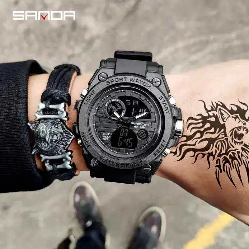Sanda Military Male Watch Gold Black Multifunctional Waterproof