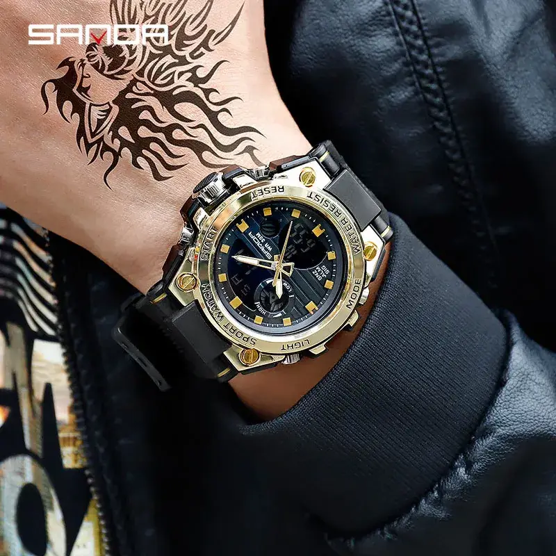 Sanda Military Male Watch Gold Black Multifunctional Waterproof