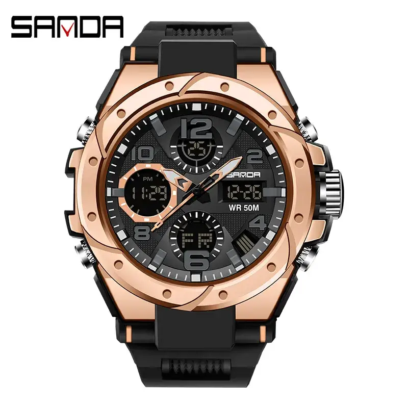 Sanda Military Male Watch Gold Black Multifunctional Waterproof