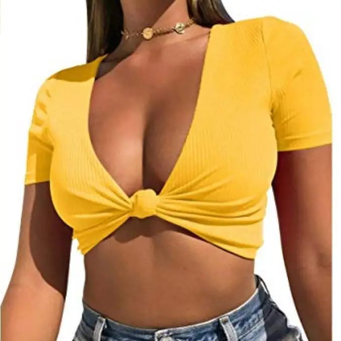 Summer Women's V-Neck Knot Top Yellow Large - Image 4