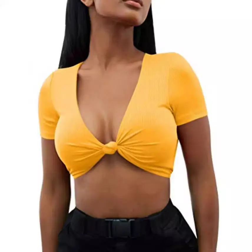 Summer Women's V-Neck Knot Top Yellow Large - Image 5