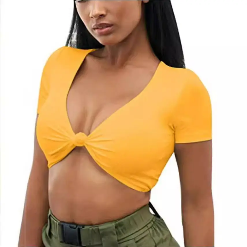 Summer Women's V-Neck Knot Top Yellow Large - Image 7