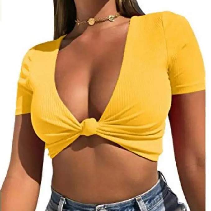 Summer Women's V-Neck Knot Top Yellow Large - Image 8