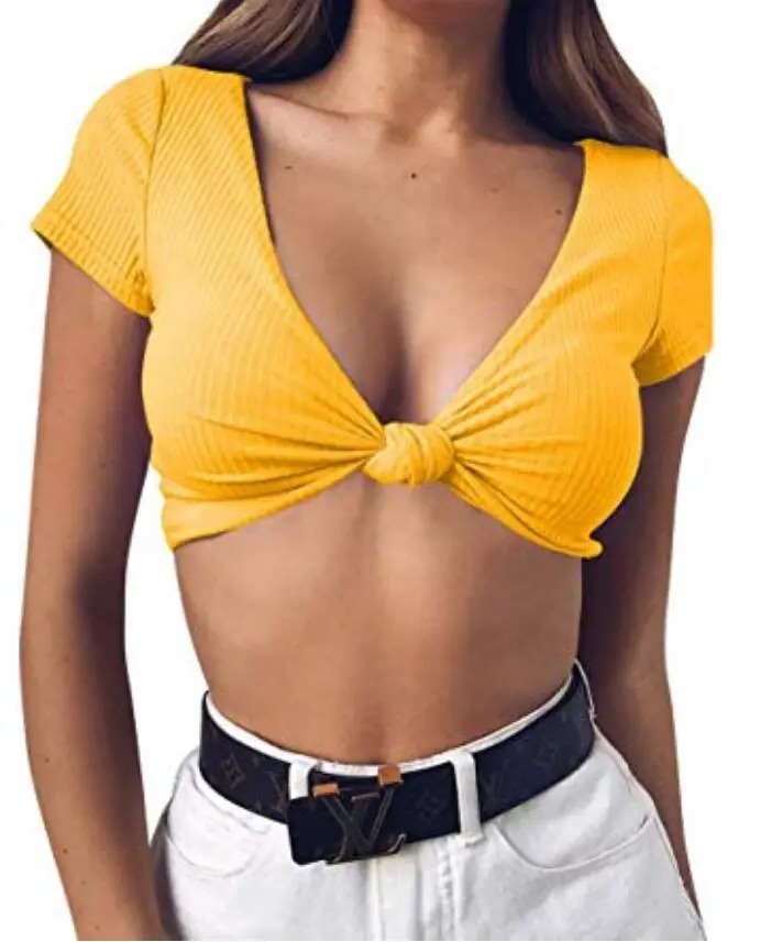 Summer Women's V-Neck Knot Top Yellow Large - Image 2