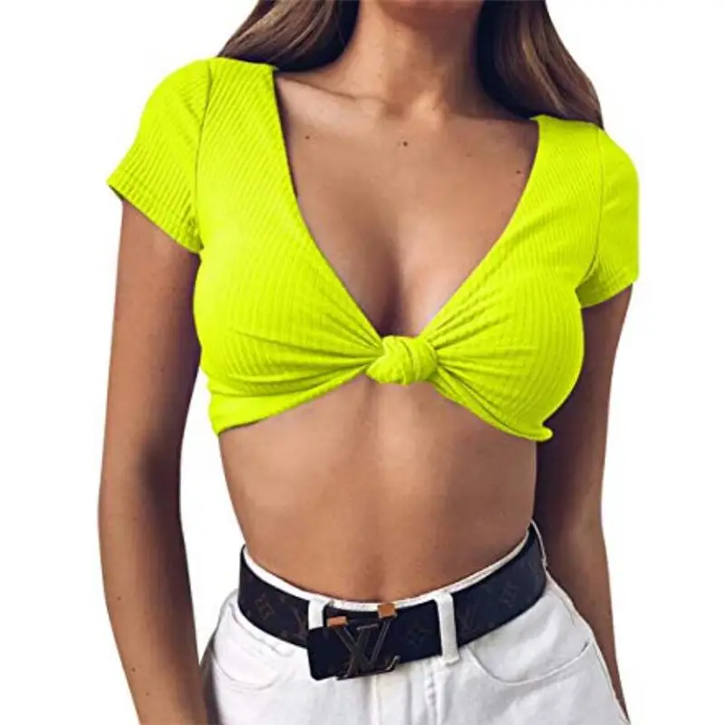 Summer Women's V-Neck Knot Top Yellow Large - Image 3