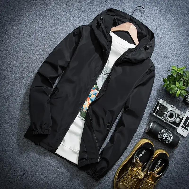 Men's Black Hooded Jacket Korean Style Slim Fit - Image 3