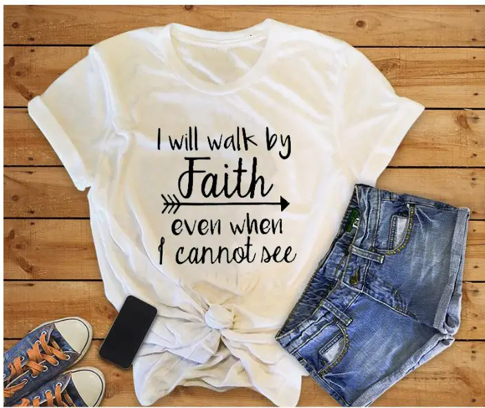 Women Red Faith Graphic T-Shirt Short Sleeve Summer Wear - Image 2