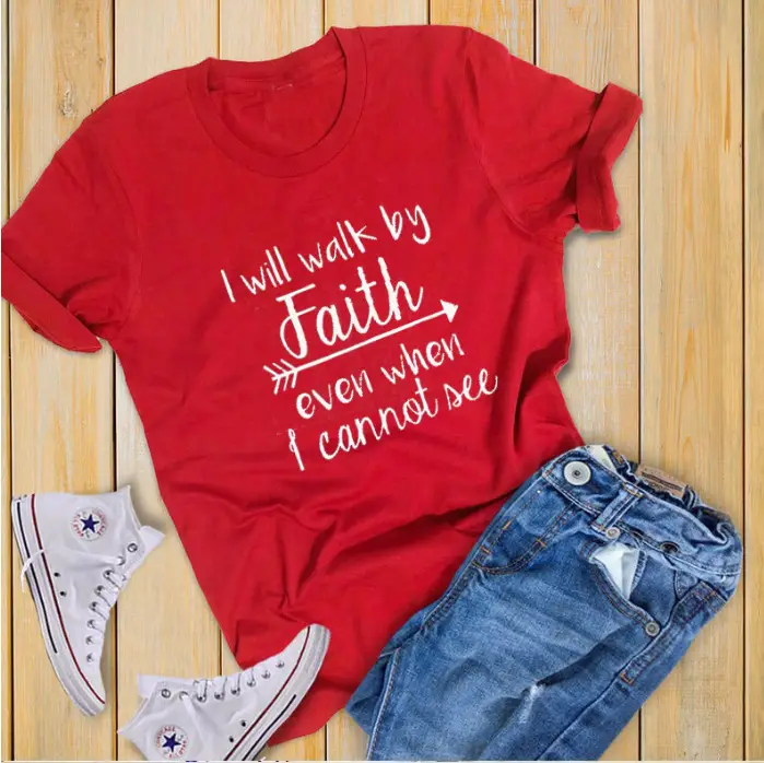 Women Red Faith Graphic T-Shirt Short Sleeve Summer Wear - Image 7