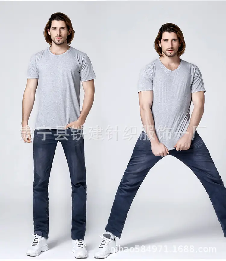 Men Grey V-Neck Cotton T-Shirt CVC180 - Image 14