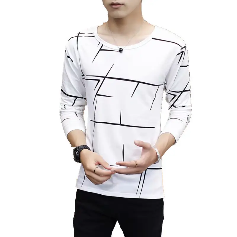 2024 Long Sleeve White Black Grid T-Shirt for Men - Image 8