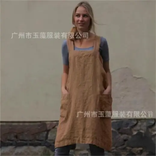 Ladies Loose Linen Apron Mid Length Long Dress - Image 8