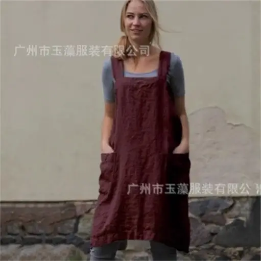 Ladies Loose Linen Apron Mid Length Long Dress - Image 9