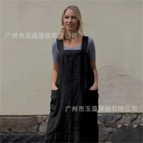Ladies Loose Linen Apron Mid Length Long Dress - Image 10