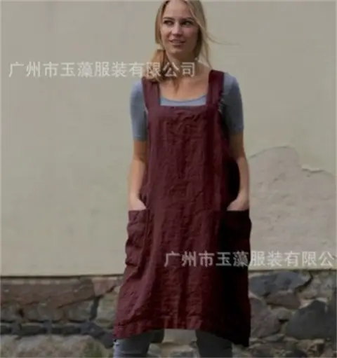 Ladies Loose Linen Apron Mid Length Long Dress - Image 2
