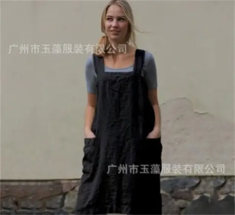 Ladies Loose Linen Apron Mid Length Long Dress - Image 5