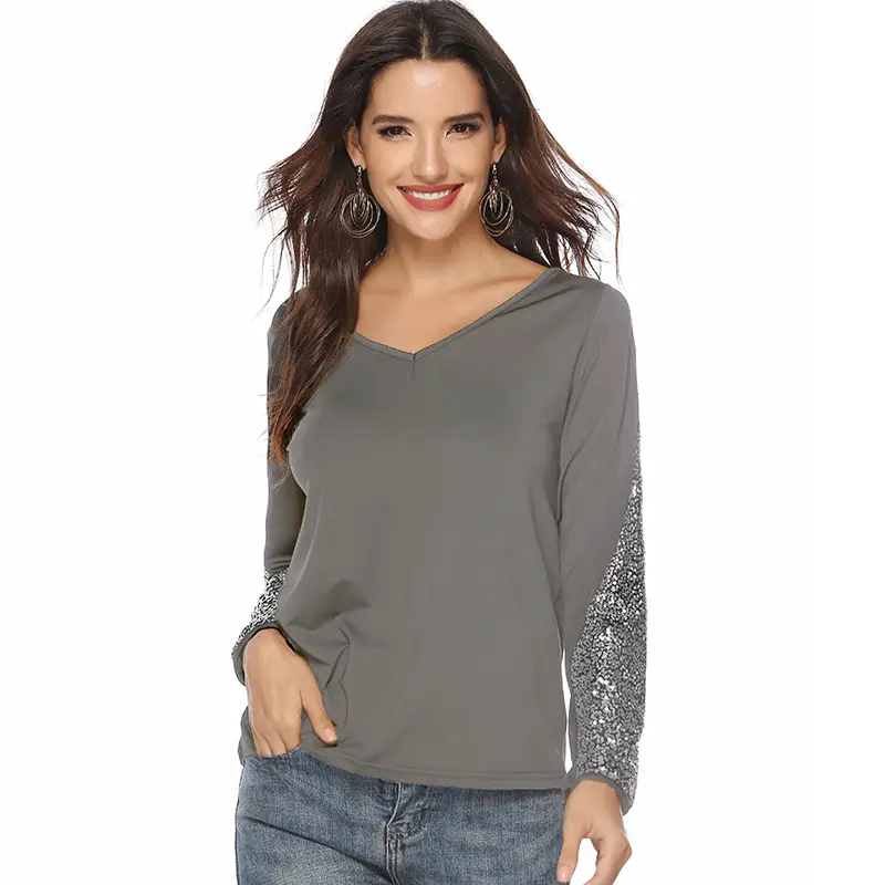 Black Long Sleeve V-Neck T-Shirt for Women - Image 2