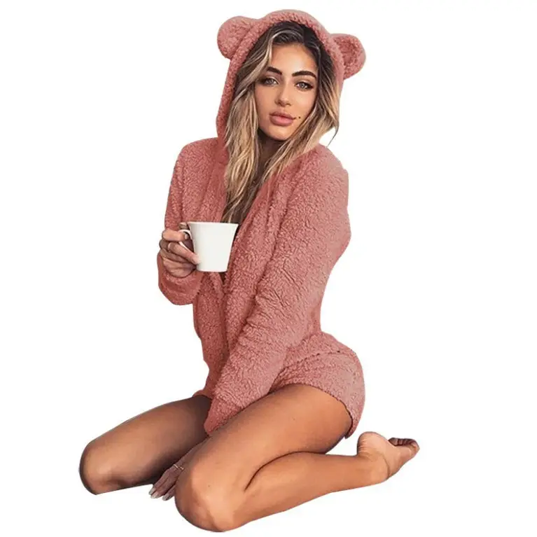 Women's Cute Bear Ears Plush Hooded Suit Pink - Image 10