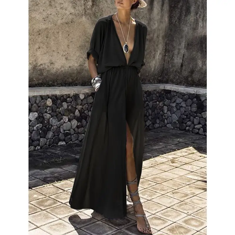 2021 V-Neck Split Dress with Half Sleeves - Image 2