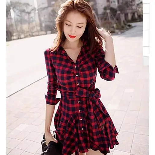 Women Red Plaid Long Sleeve Skirt Dress