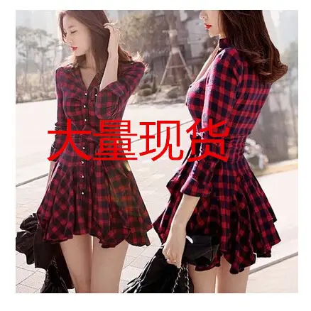 Women Red Plaid Long Sleeve Skirt Dress