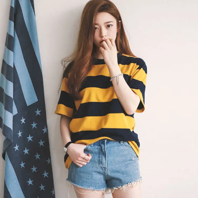 Women Striped T-Shirt Yellow Black Loose Fit Summer - Image 2