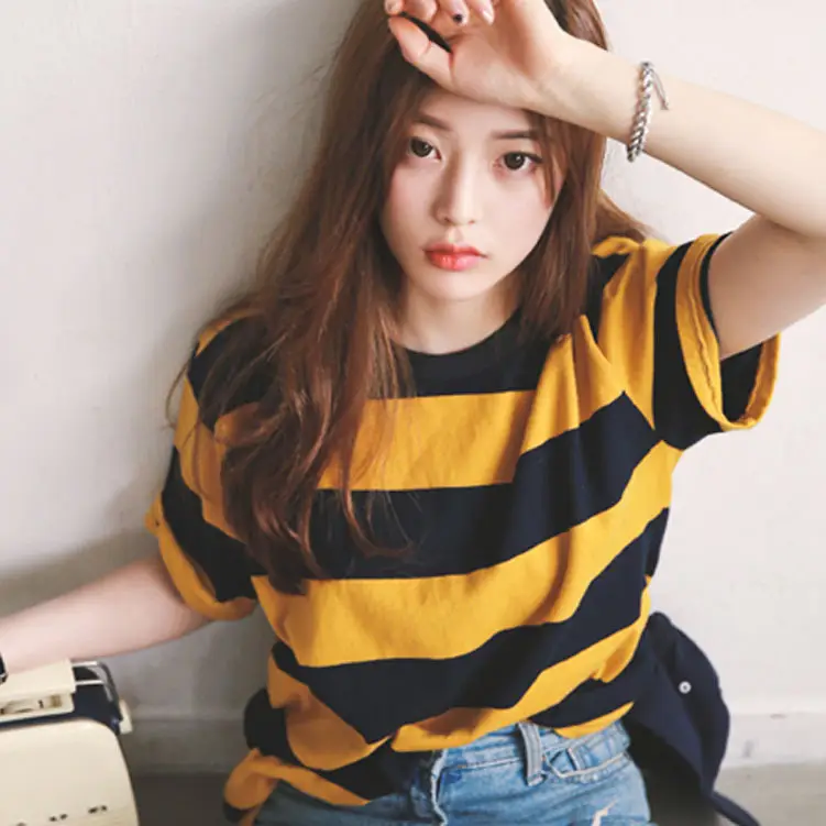 Women Striped T-Shirt Yellow Black Loose Fit Summer - Image 3