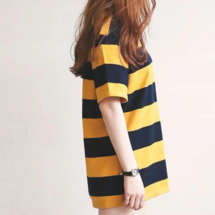 Women Striped T-Shirt Yellow Black Loose Fit Summer - Image 5