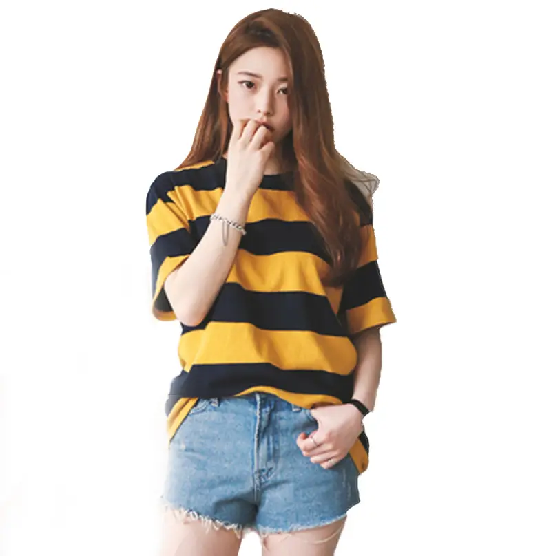 Women Striped T-Shirt Yellow Black Loose Fit Summer - Image 6
