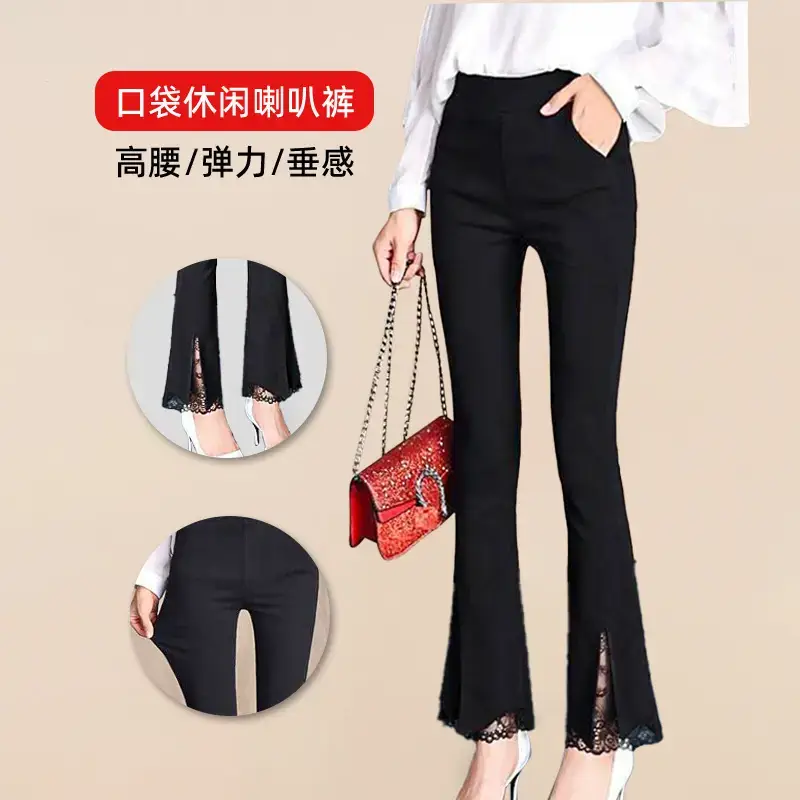 European American Women's Thin Flared Trousers Elastic High Waist Pockets - Image 4