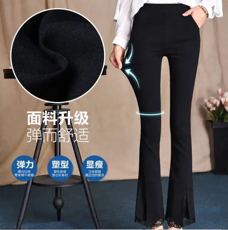 European American Women's Thin Flared Trousers Elastic High Waist Pockets — feature 10