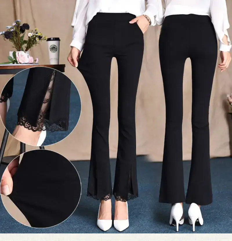 European American Women's Thin Flared Trousers Elastic High Waist Pockets — feature 11