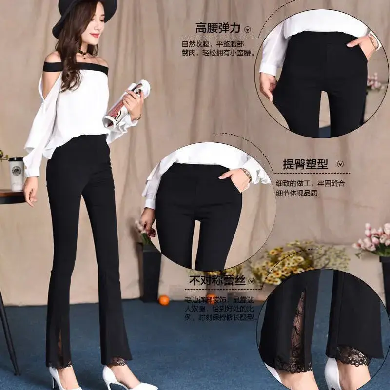 European American Women's Thin Flared Trousers Elastic High Waist Pockets — feature 19