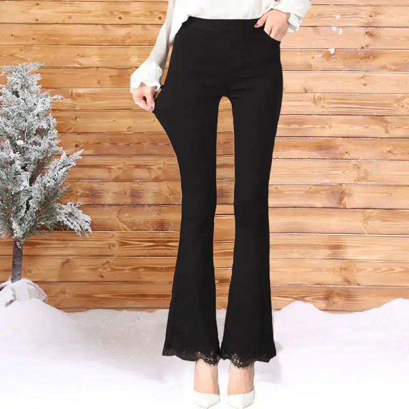 European American Women's Thin Flared Trousers Elastic High Waist Pockets — feature 9