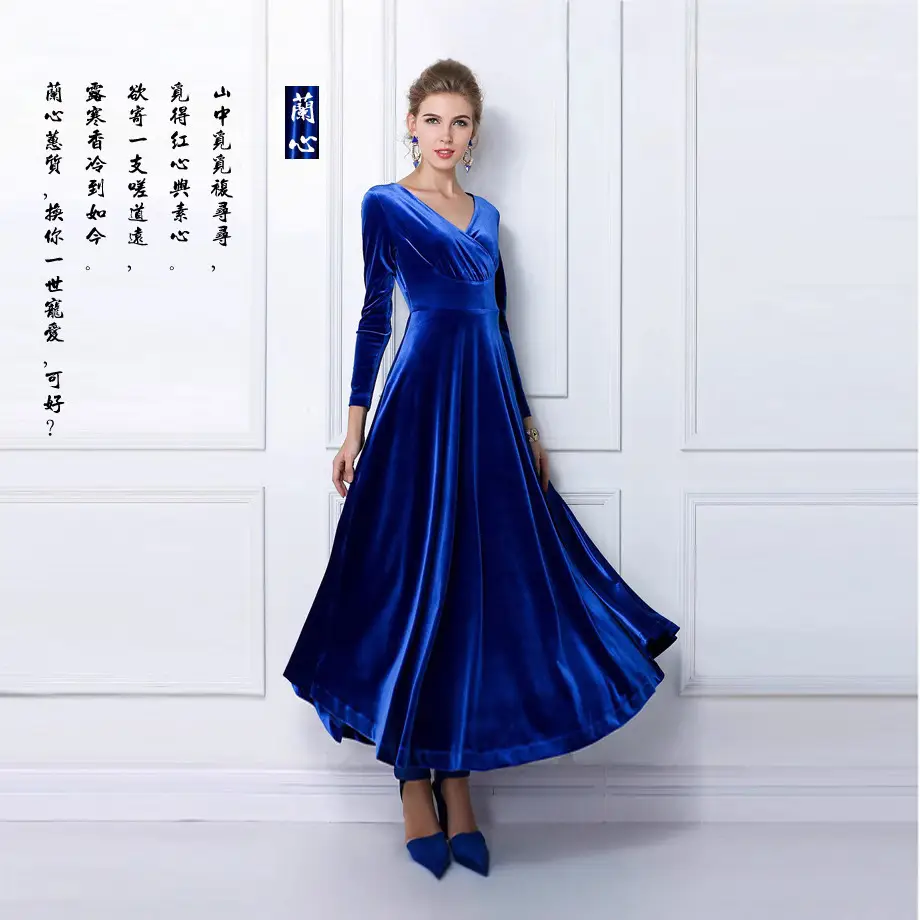 Gold Velvet Long Sleeve V-Neck Dress for Women Large - Image 6