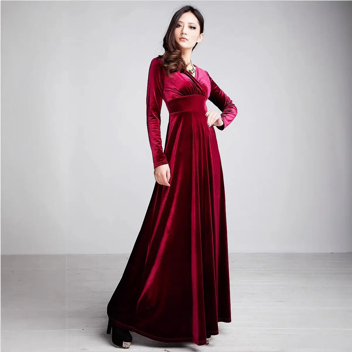 Gold Velvet Long Sleeve V-Neck Dress for Women Large - Image 7