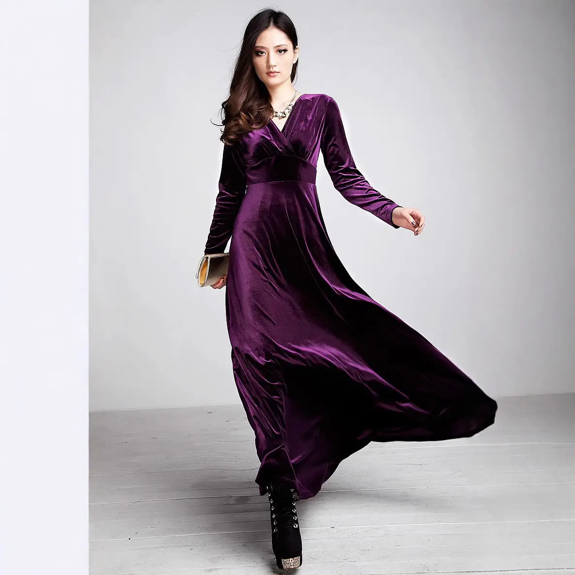 Gold Velvet Long Sleeve V-Neck Dress for Women Large - Image 8