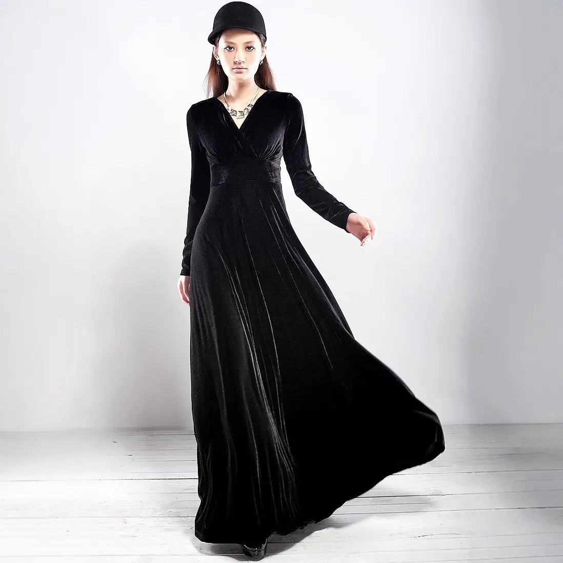 Gold Velvet Long Sleeve V-Neck Dress for Women Large - Image 9