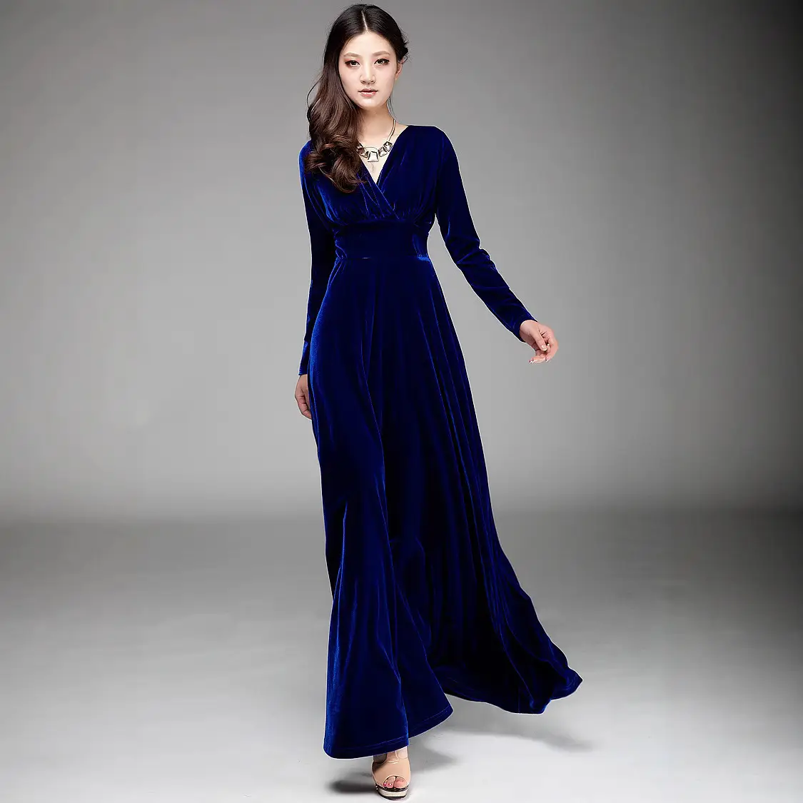 Gold Velvet Long Sleeve V-Neck Dress for Women Large - Image 10