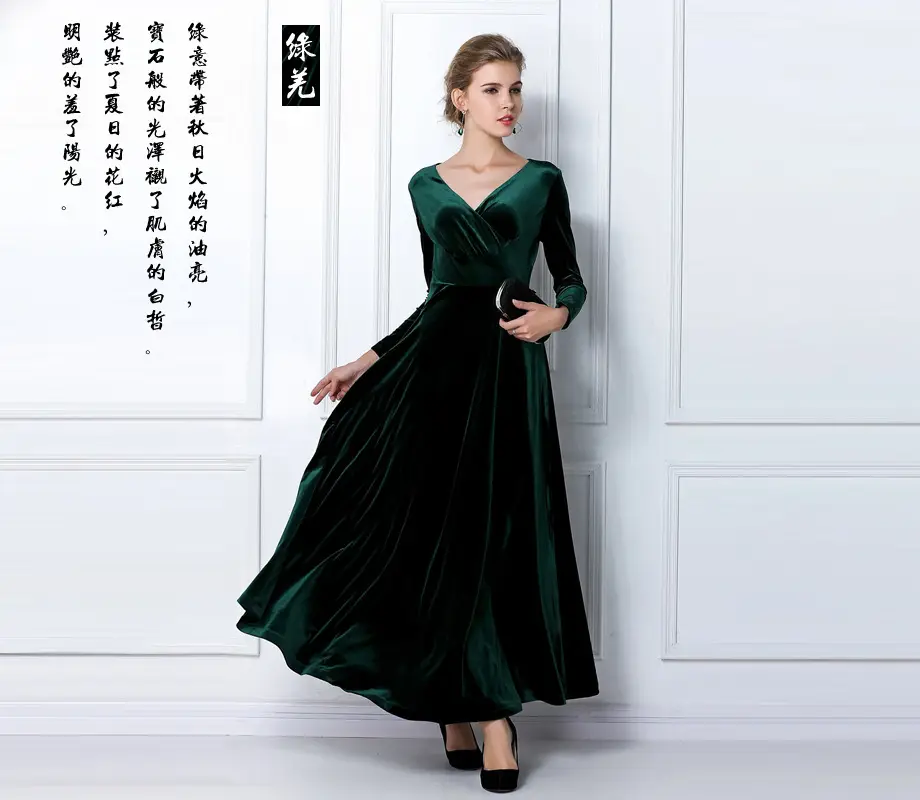 Gold Velvet Long Sleeve V-Neck Dress for Women Large - Image 4