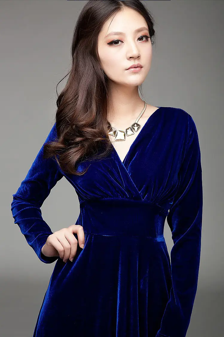 Gold Velvet Long Sleeve V-Neck Dress for Women Large - Image 5
