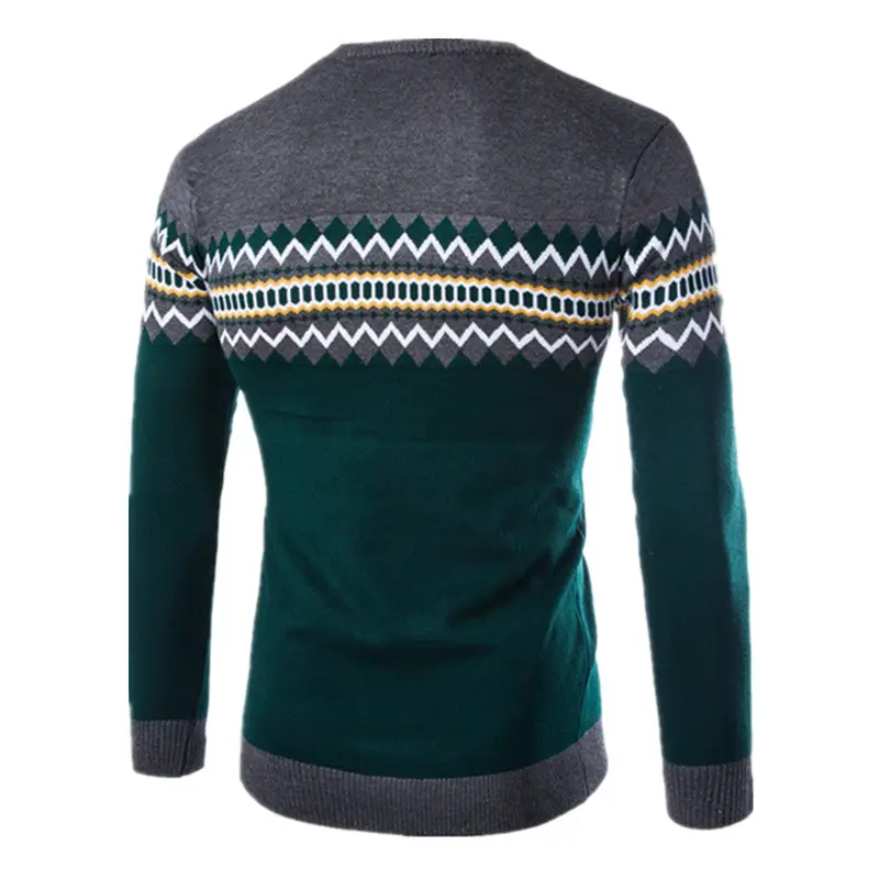 Men's Green Black Geometric Knit Long Sleeve Sweater - Image 5