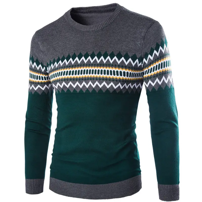 Men's Green Black Geometric Knit Long Sleeve Sweater - Image 2